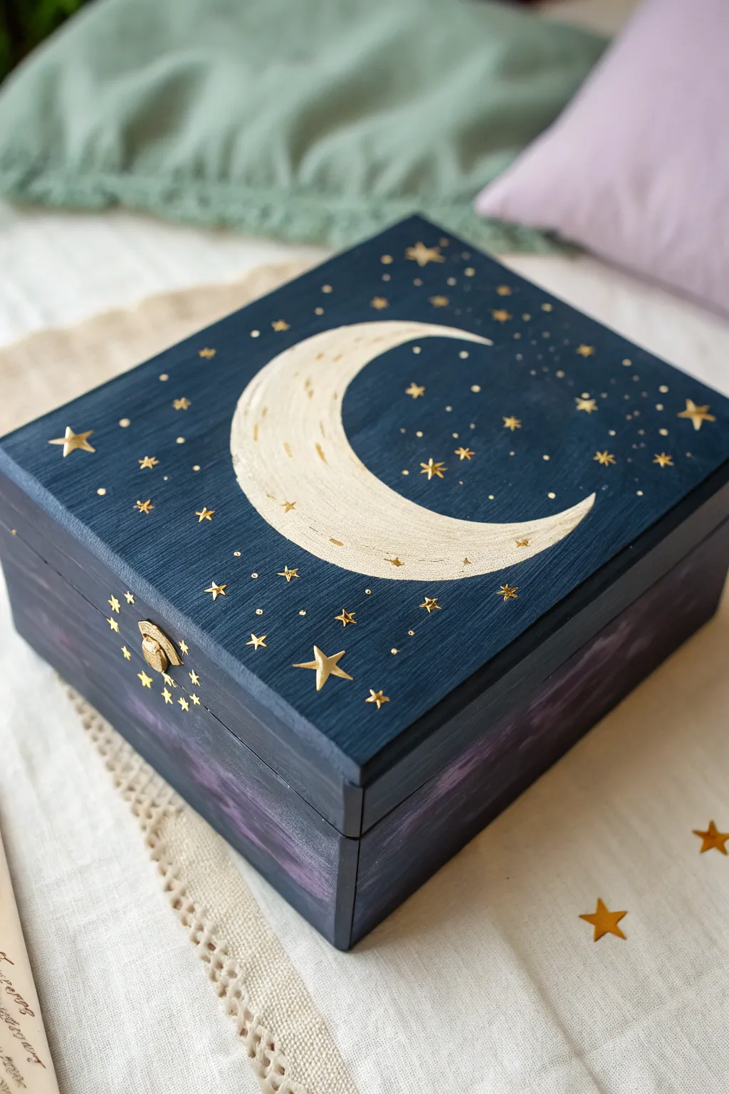Cosmic navy memory box with moon, stars, and nebula blending for dreamy keepsake art.
