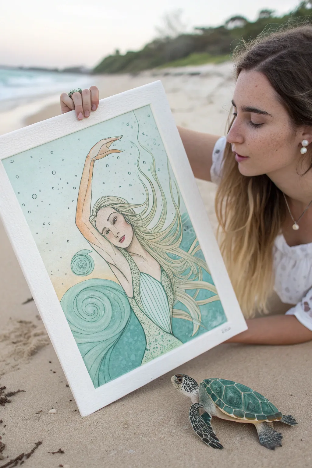 A gentle underwater moment: mermaid and sea turtle gliding in soft, dreamy light.