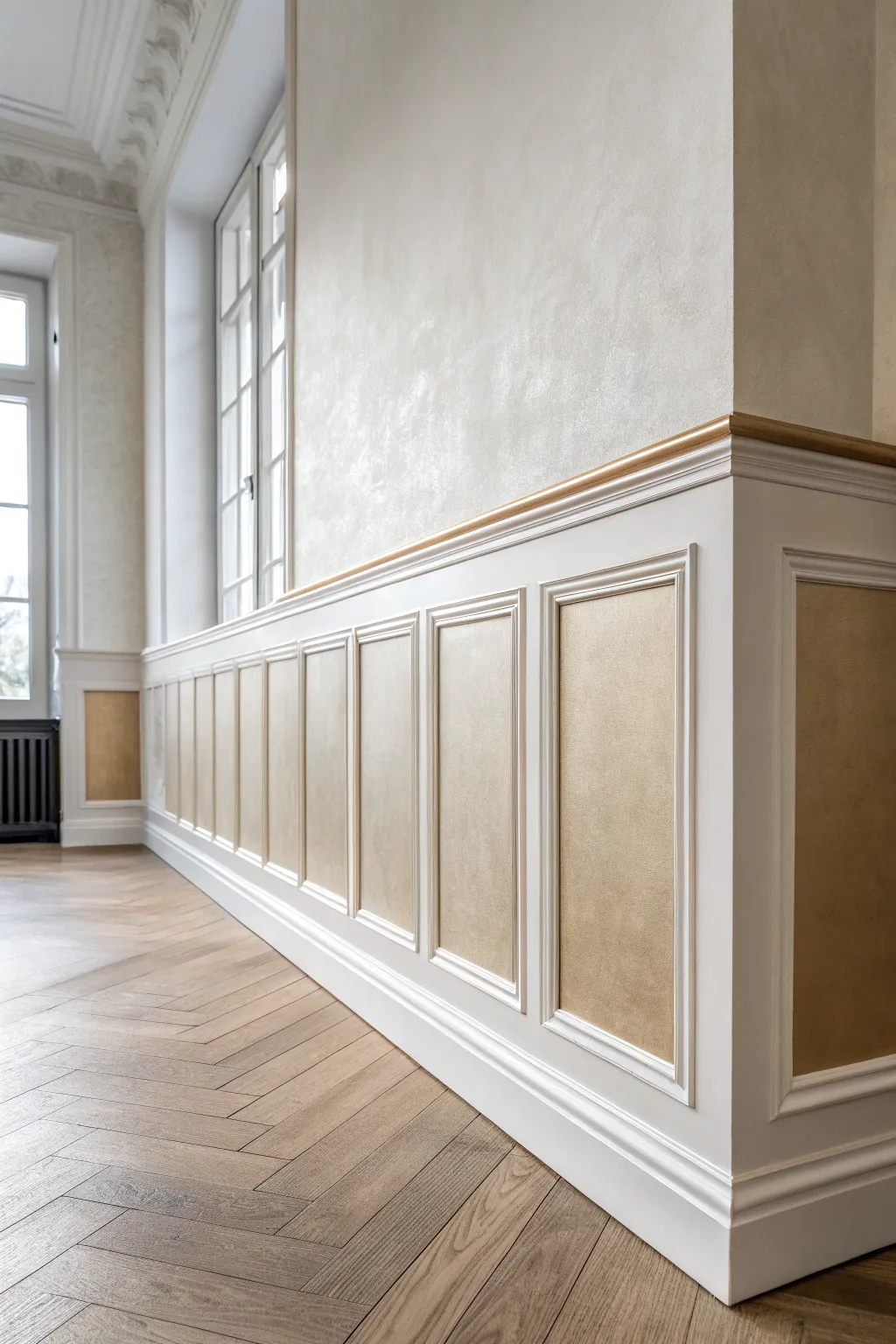 Two-tone wainscoting with matte base and champagne metallic top for modern boho shine.