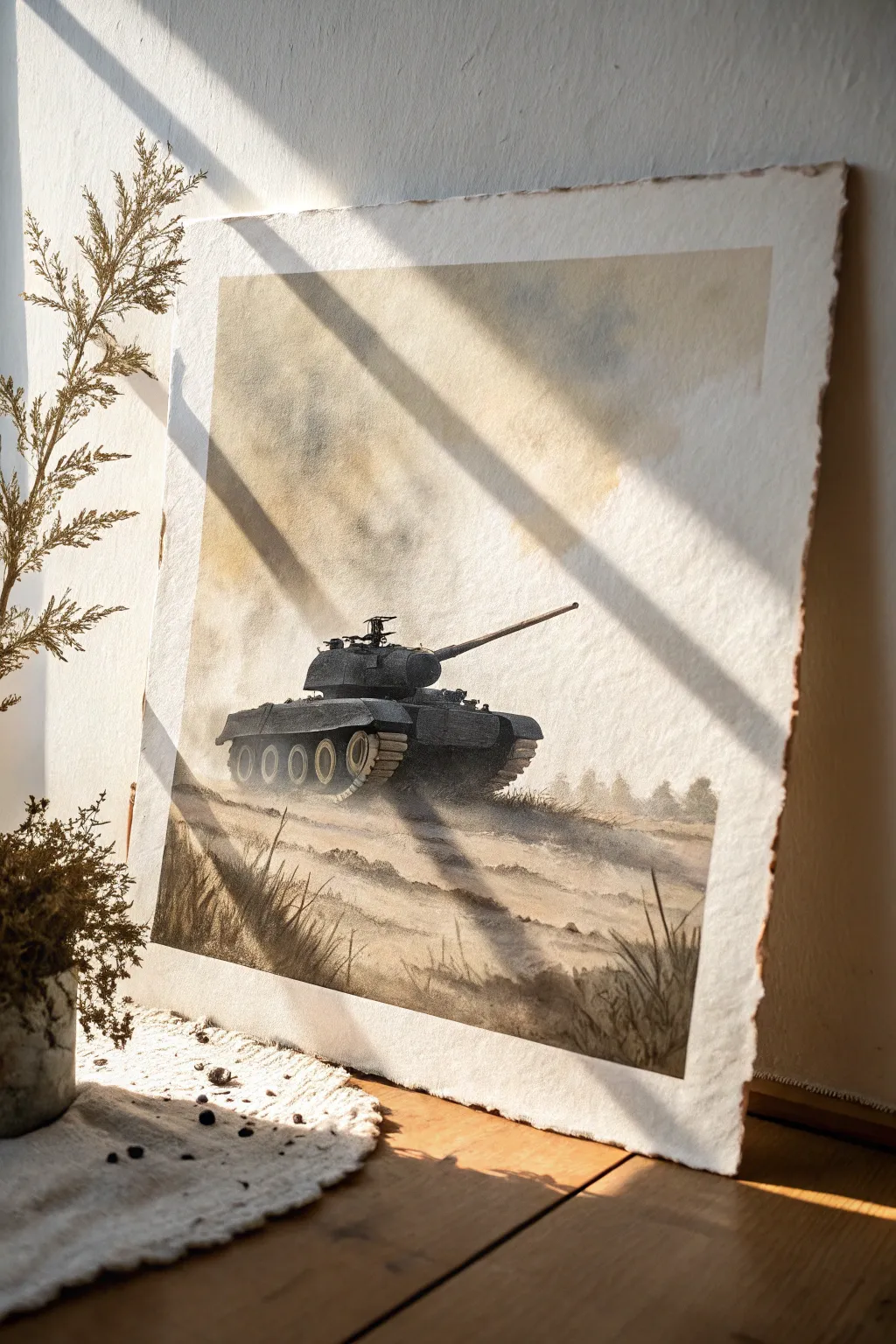 A tank silhouette cut by dusty sunbeams, minimalist contrast study with soft boho warmth