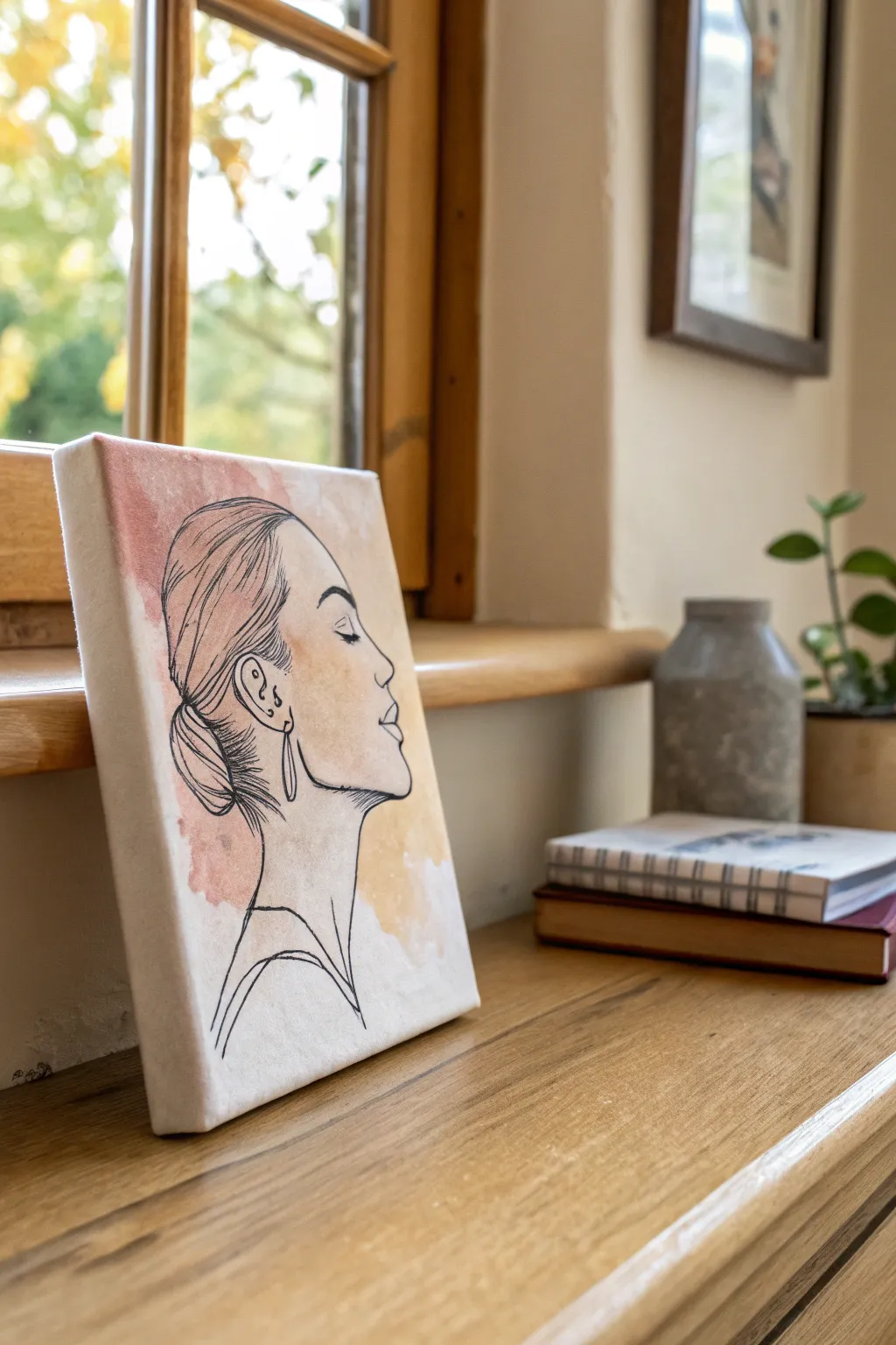 Minimal line art on a mini canvas, layered over a soft watercolor wash for calm, modern charm