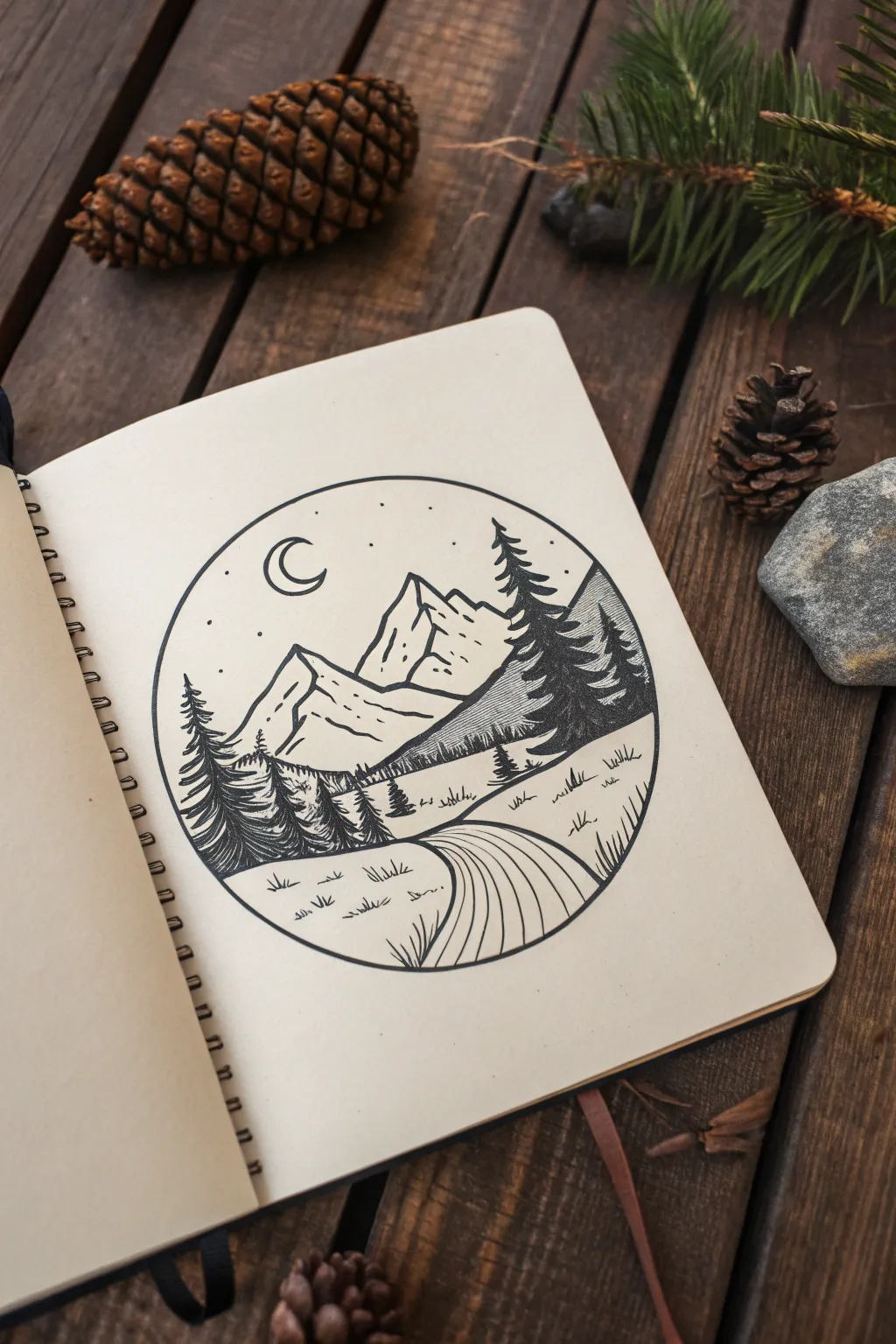Landscape inside a circle: a tiny mountain, trees, and river drawing with clean minimalist contrast.