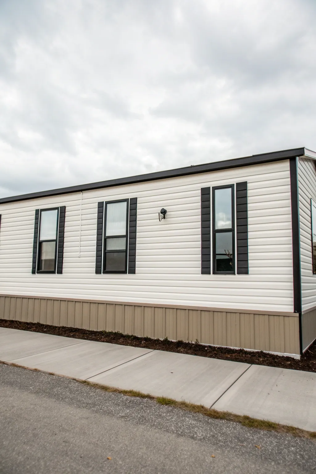 Vertical accent panels break up a long mobile home wall and make the exterior feel taller.