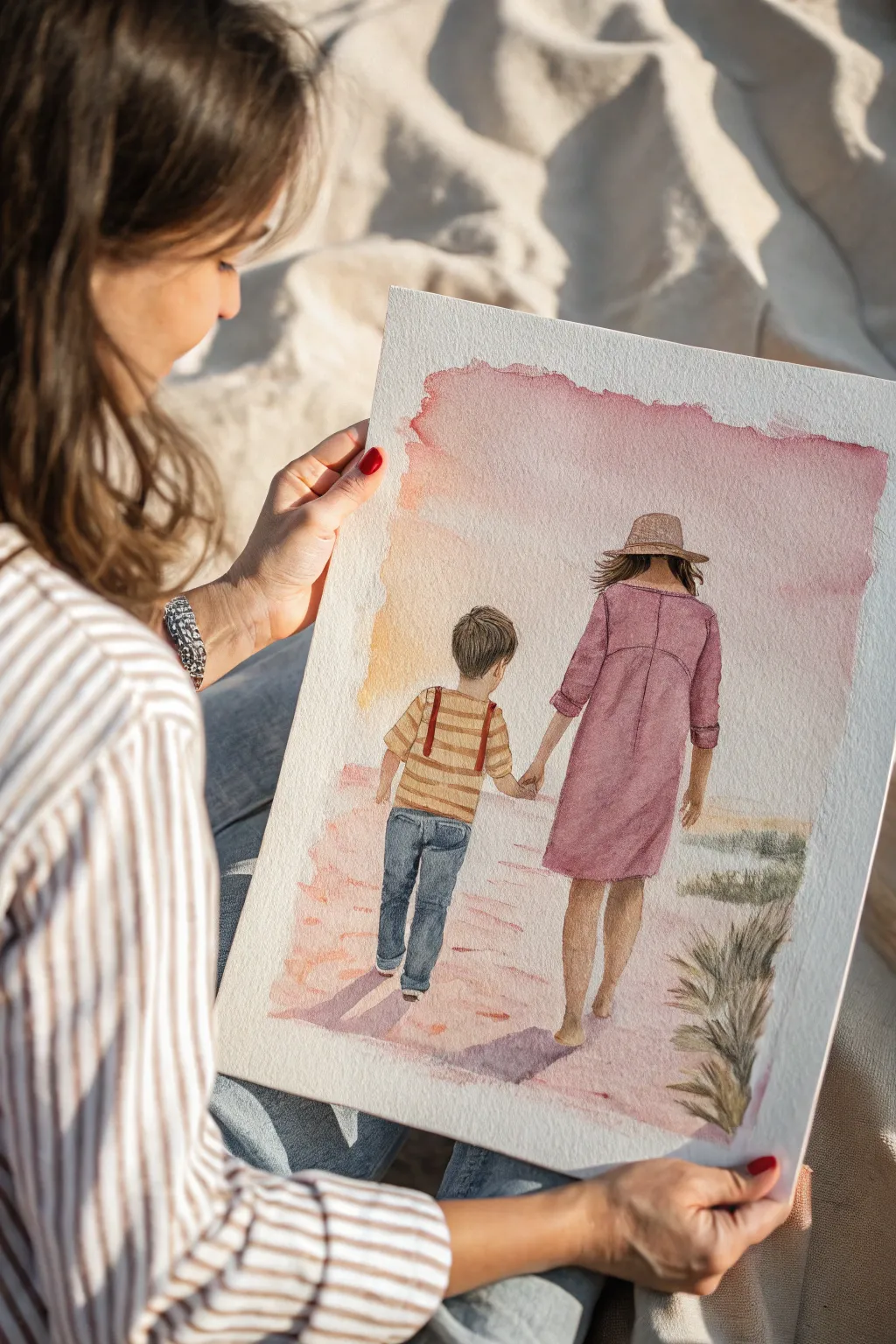 Tender pinky promise: minimalist mom and son hands with warm blush tones and soft contrast