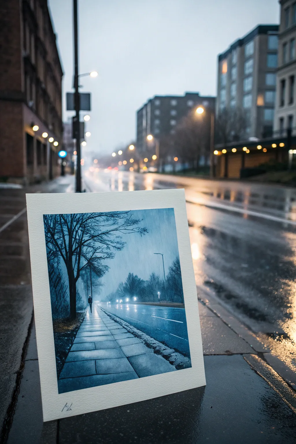 Monochrome rainy street study in cool blues, highlighting value contrast and tonal reflections.