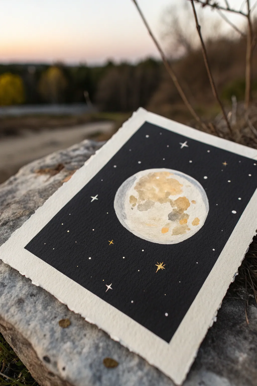 Dramatic negative space: a glowing off-center moon with only a few tiny minimalist stars.