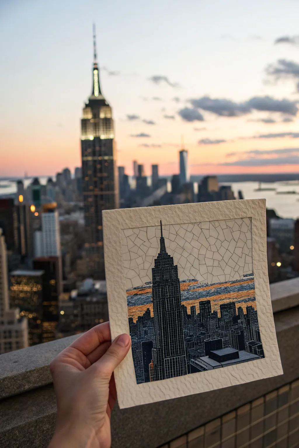 Angular mosaic skyline at dusk, minimalist tiles with warm glowing windows and high contrast