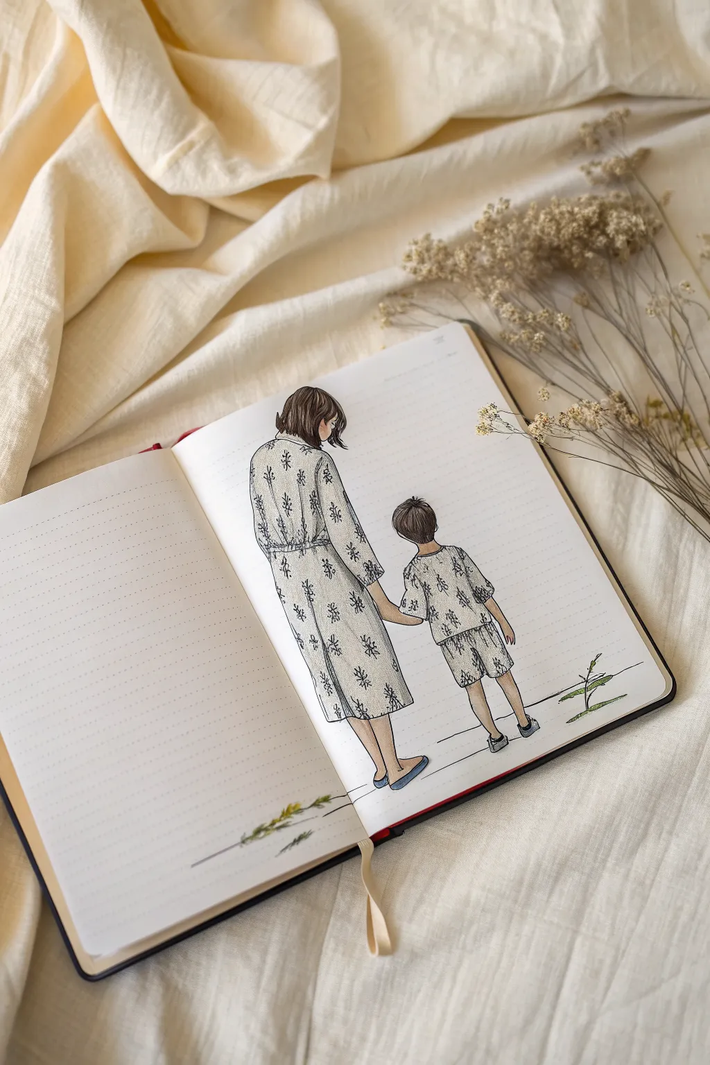 Simple mother and son sketch with matching outfits, minimalist Scandinavian boho style.