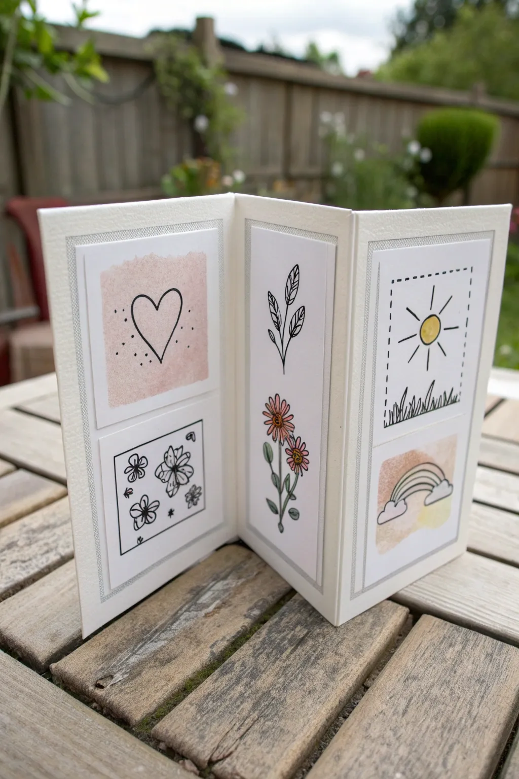 Minimal fold-out Mothers Day card with pastel doodle panels, handmade Scandinavian-boho feel.