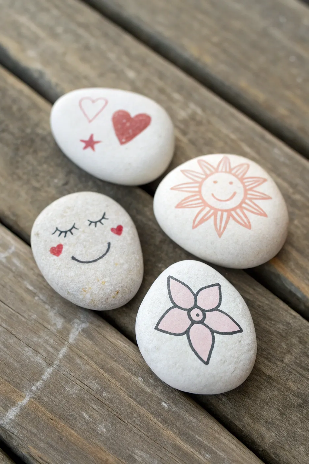 Mini rock set for Moms Day, simple painted icons and hearts in a calm Scandinavian palette.
