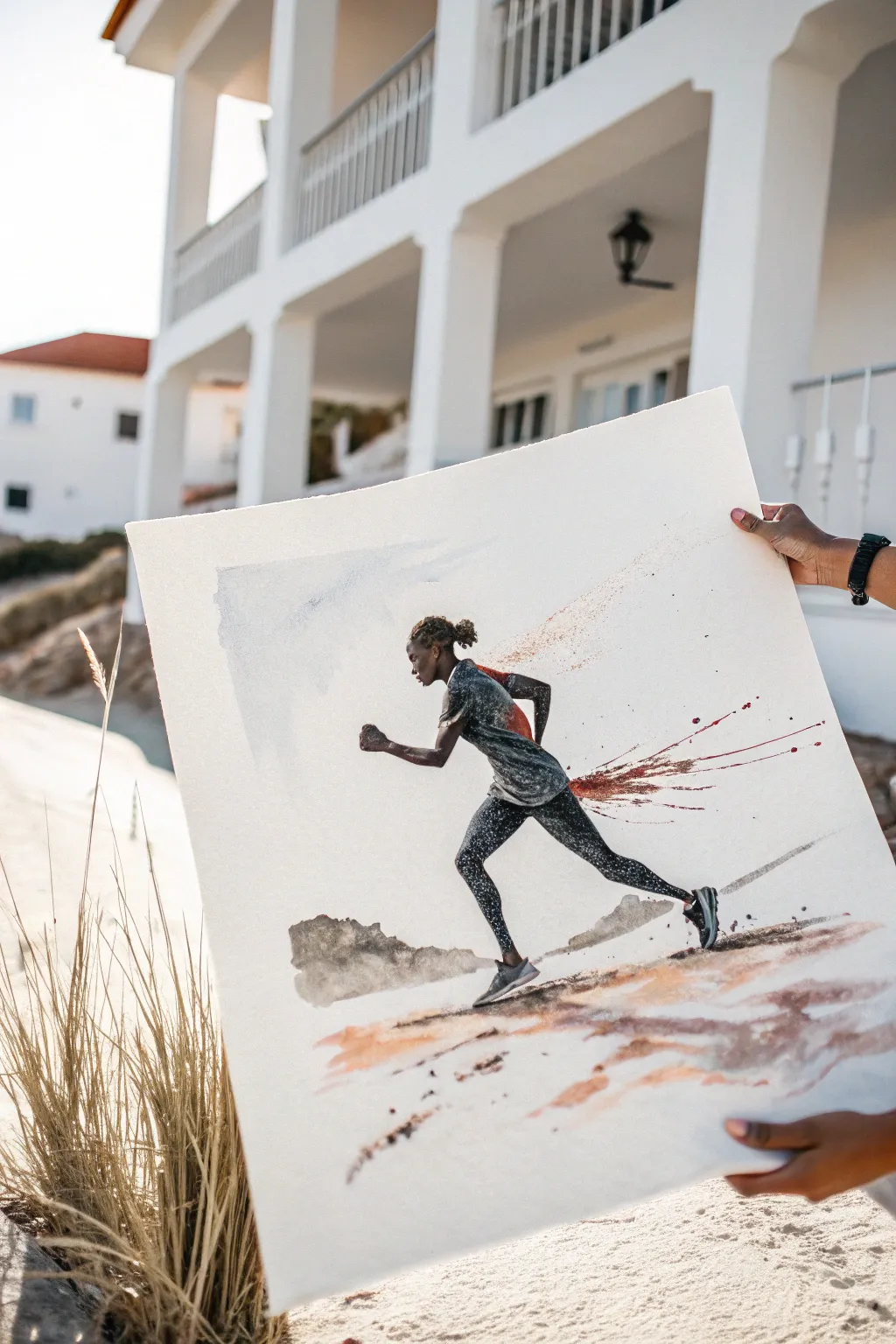 Capture cinematic speed with bold action-blur brushstrokes in a minimalist boho palette.