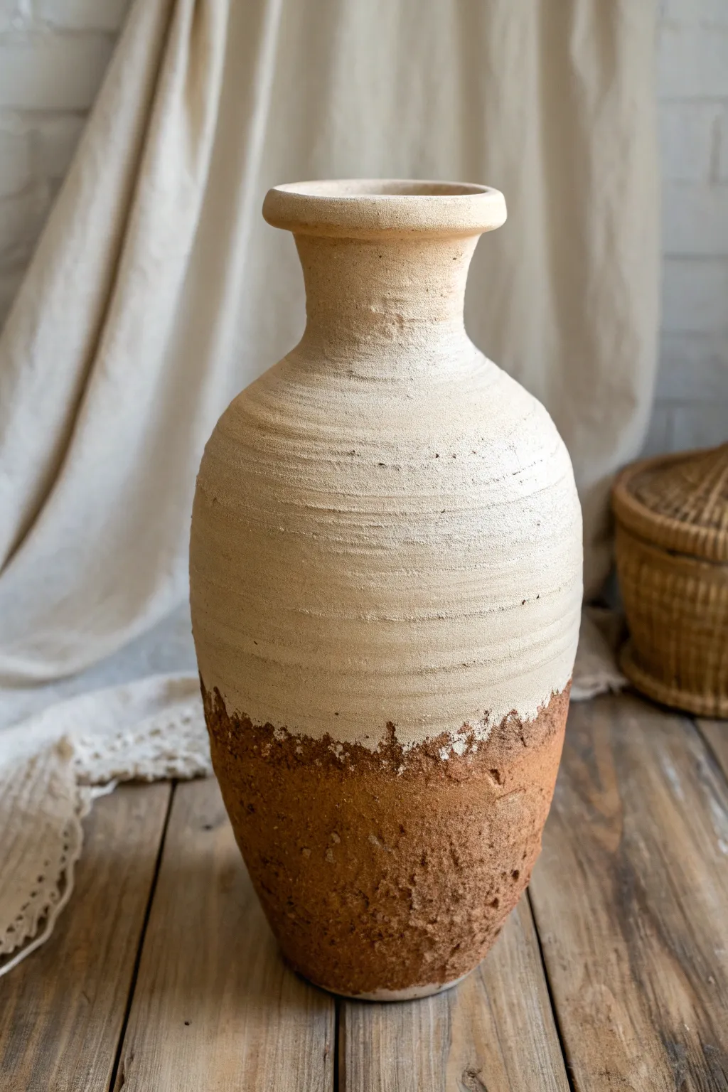 Rustic mud-dipped band meets smooth paint for an earthy vase study with bold texture contrast.
