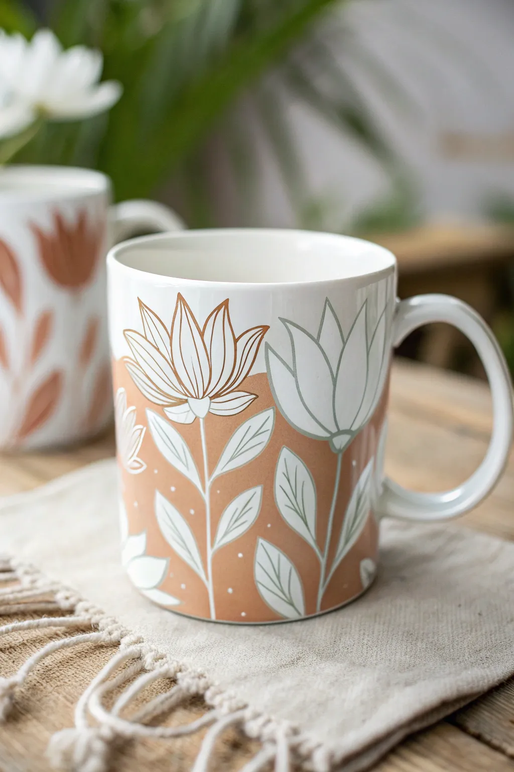 Negative-space flower petals on a white mug, crisp contrast with earthy boho paint blocks