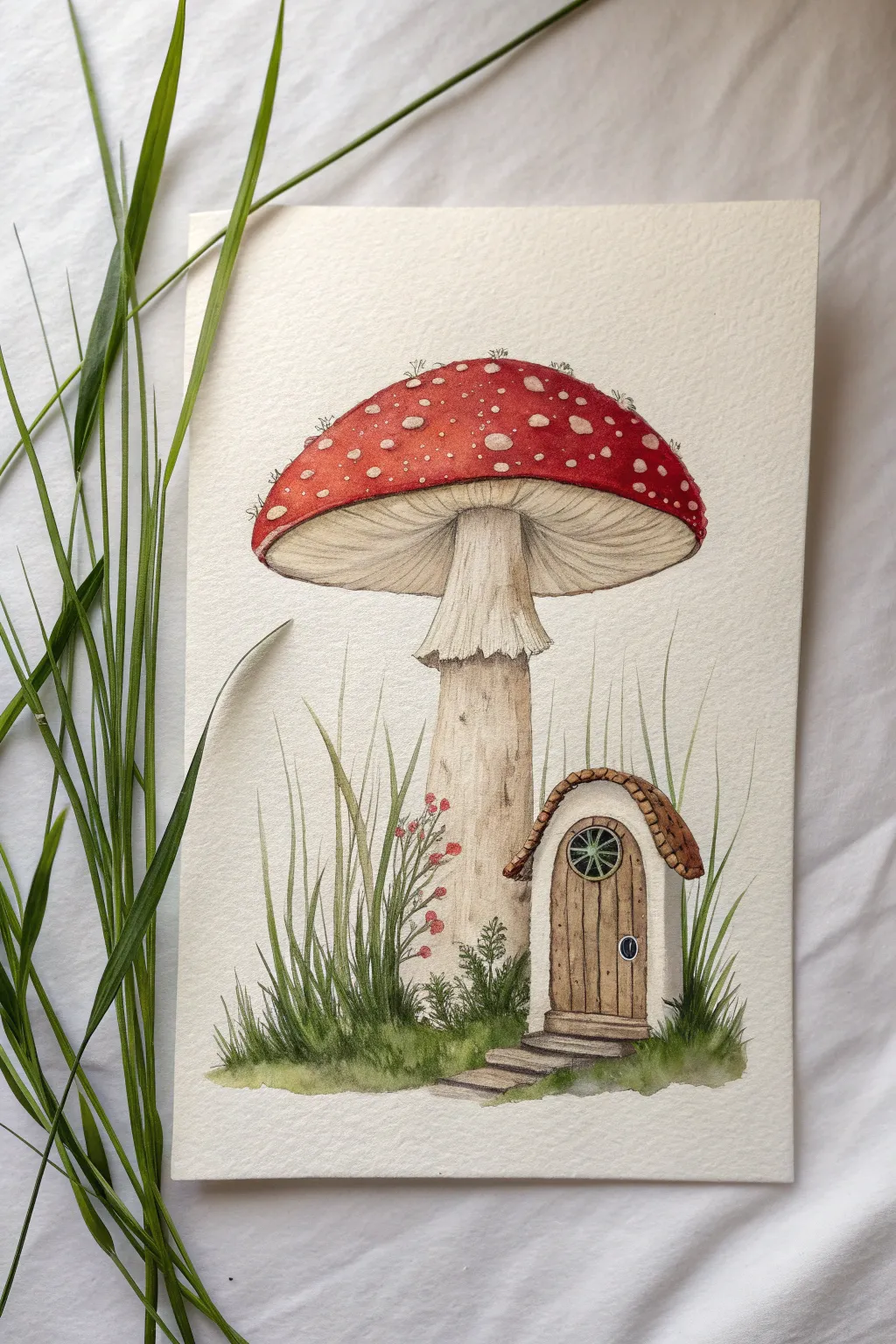 Easy mushroom house painting idea: a cozy door and window tucked into the stem, simple