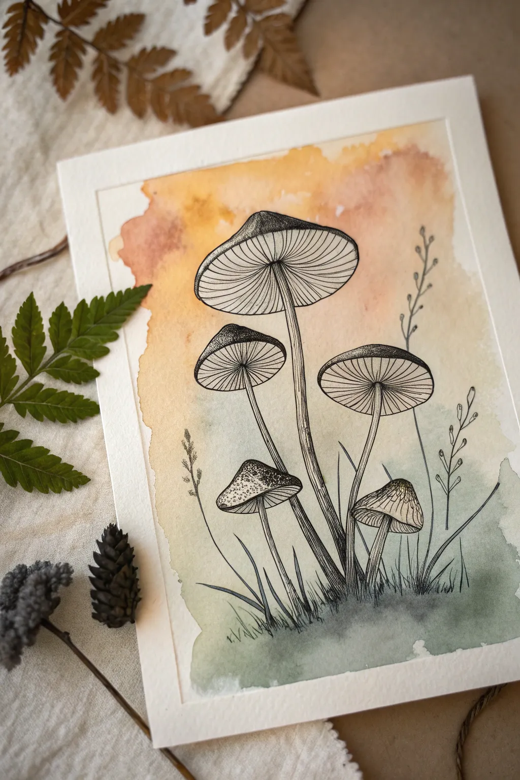 Elegant ink mushrooms with a misty watercolor wash, minimal and cozy for your sketchbook.