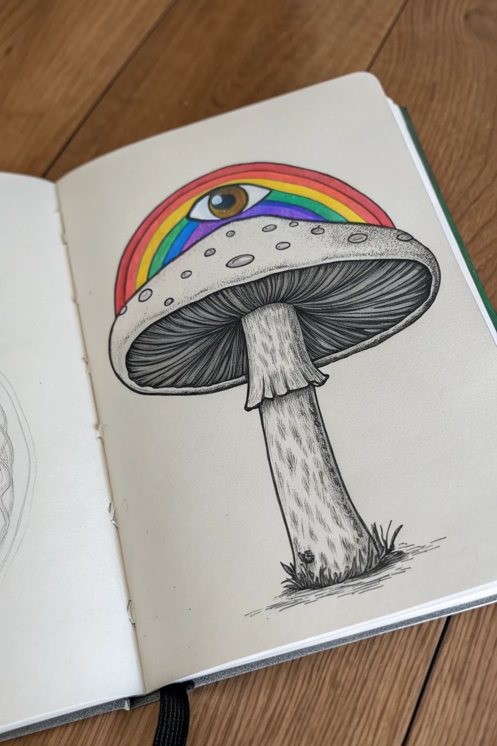 Monochrome mushroom sketch with a single rainbow iris glitch for dreamy weirdcore vibes.
