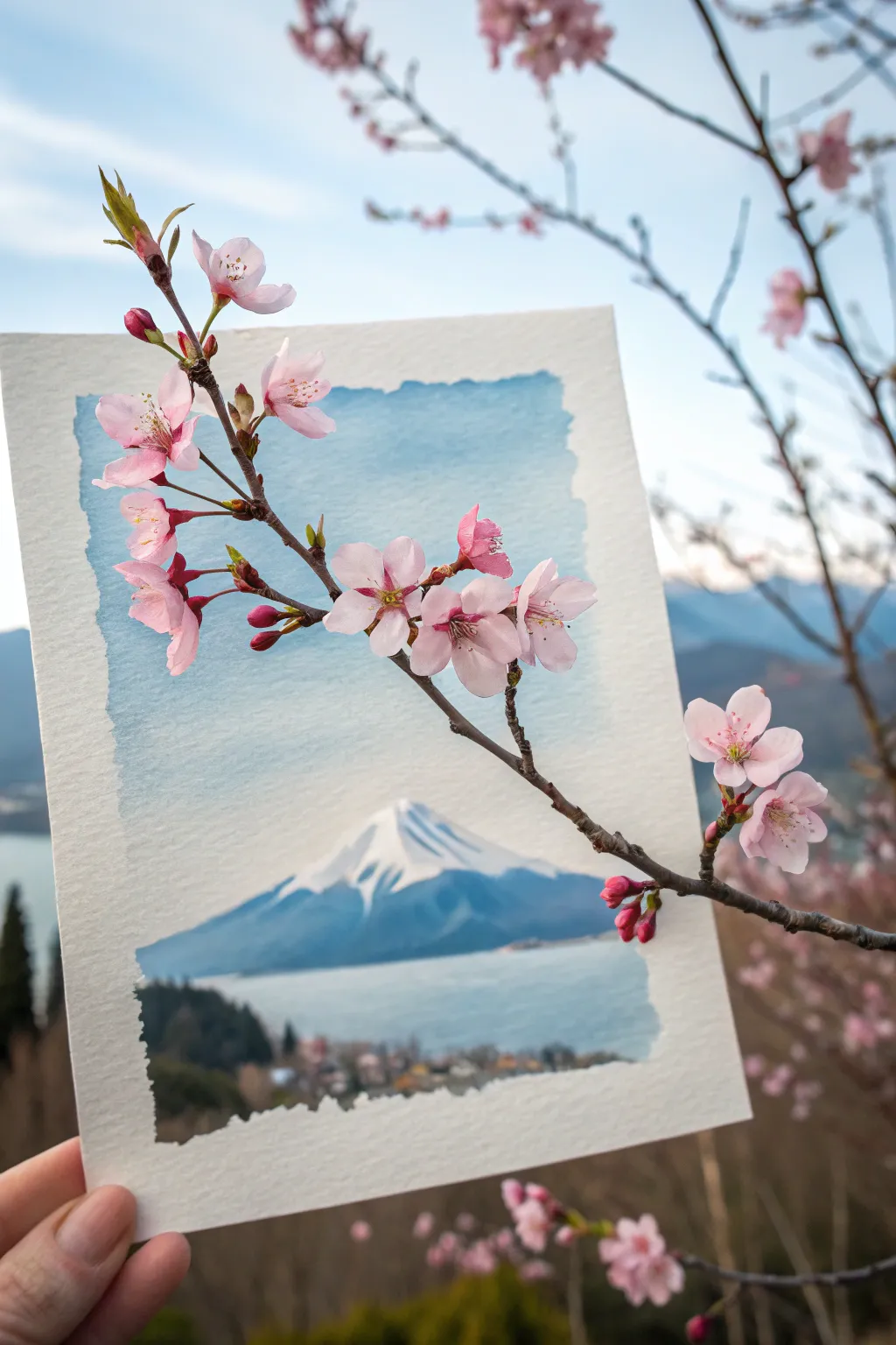 Cherry blossoms pop in pink against a misty blue mountain wash, simple, feminine, and serene