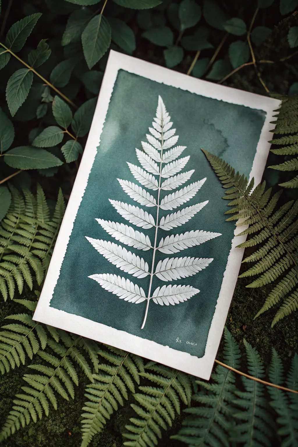 Geometric leaf negative painting with crisp edges and a calm Scandinavian palette
