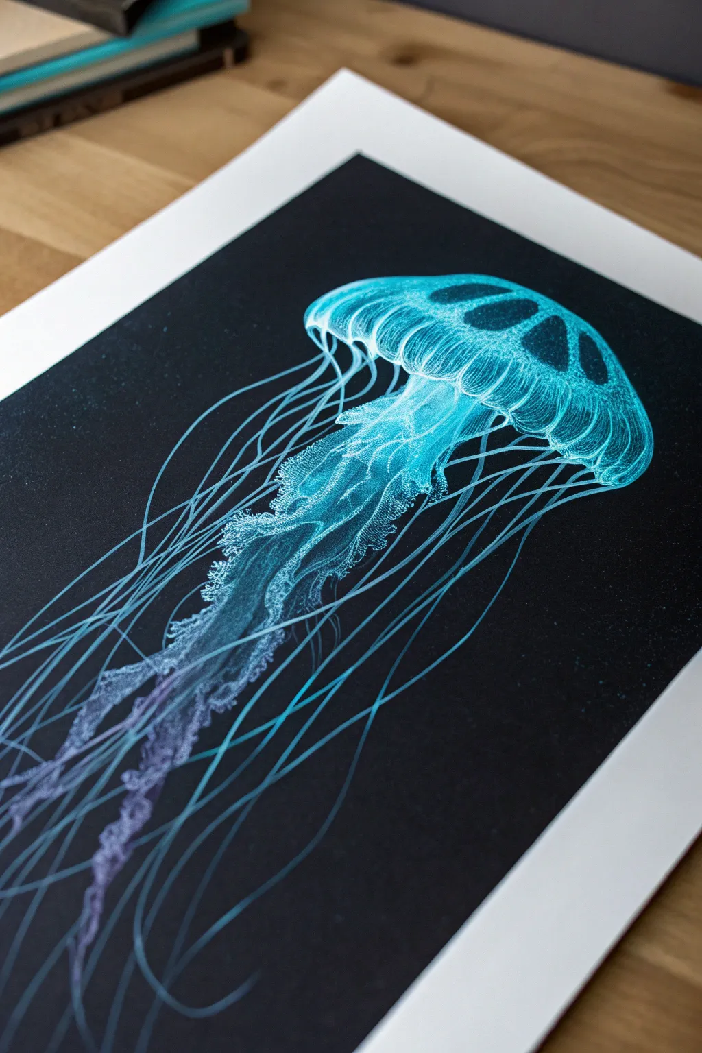 Bioluminescent jellyfish drawn in layered neon lines, minimal yet dreamy underwater glow.