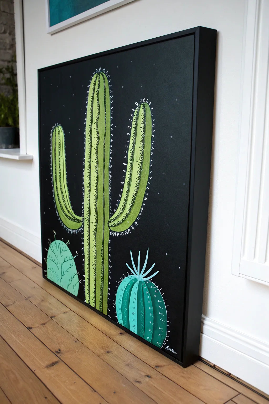 Neon cacti glow on black canvas, minimalist boho vibes with crisp lime and aqua edges.