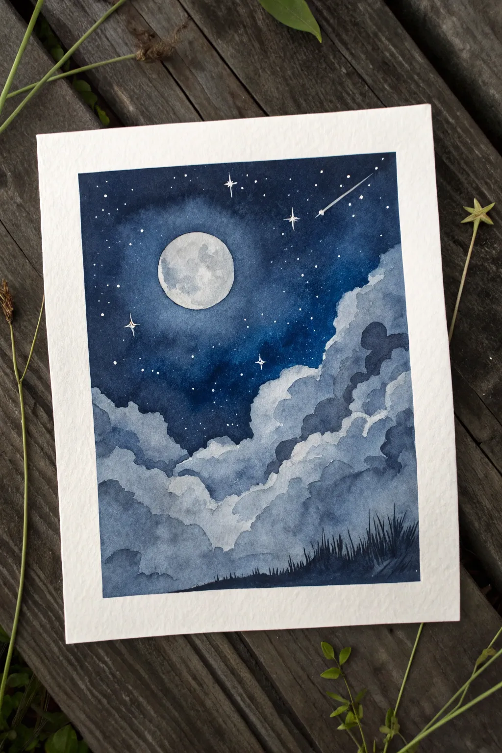Layered night clouds and stars peeking through, a serene moonlit sky painting to recreate.