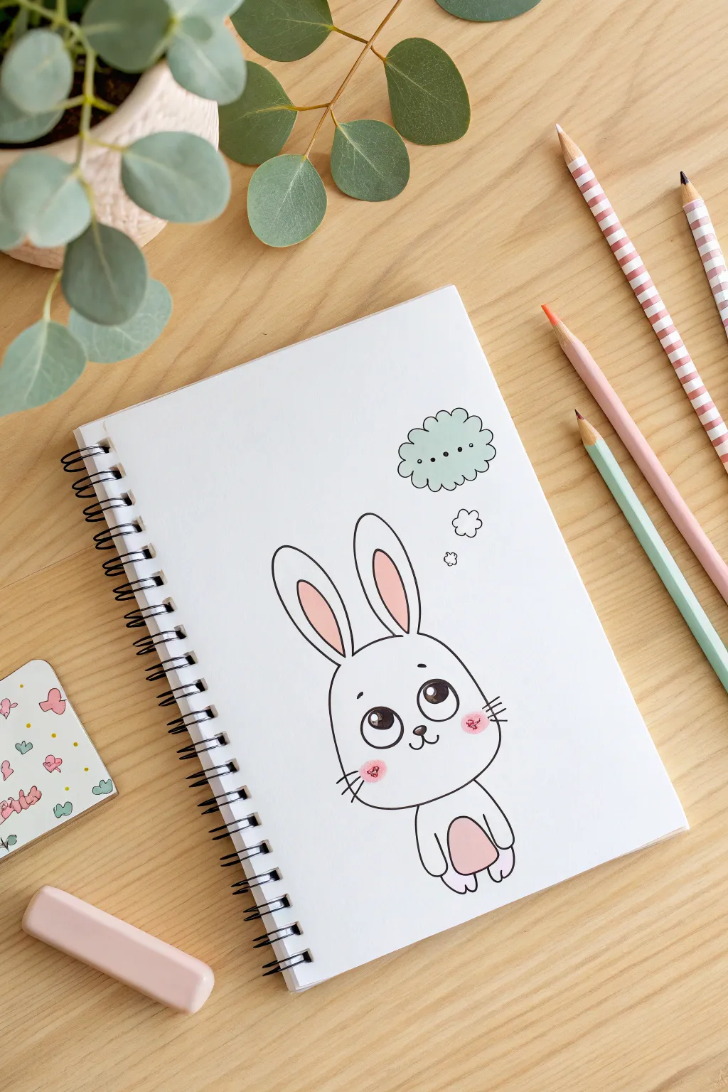 Easy notebook cover idea: a big-eyed bunny with blush cheeks for a cute, minimal vibe