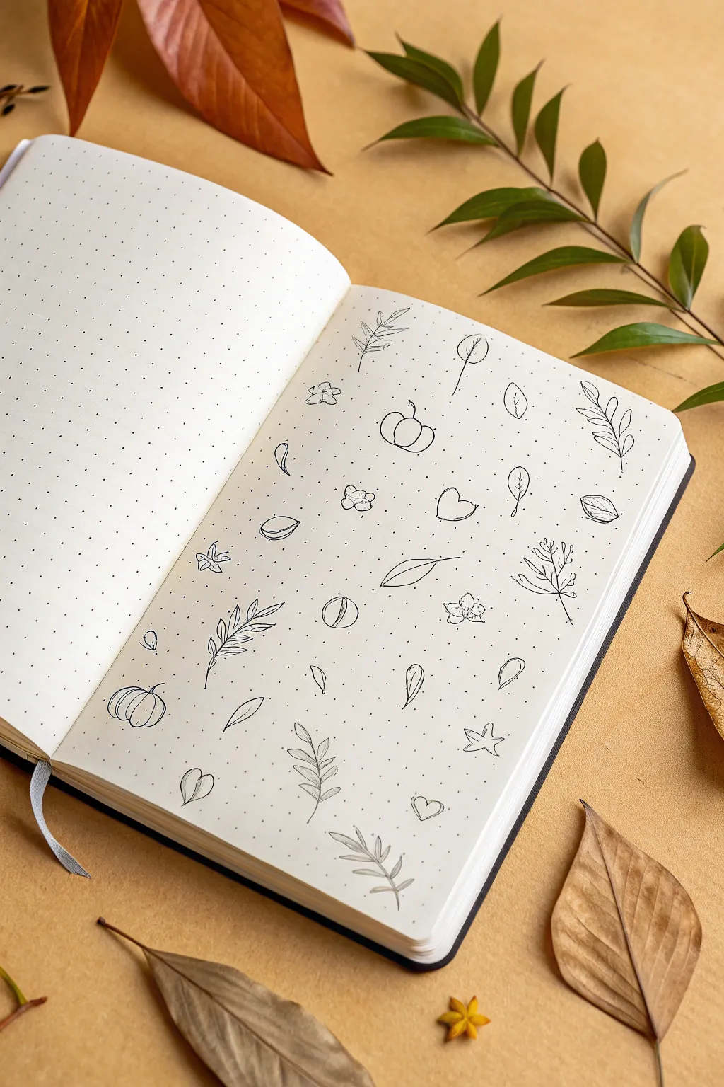 Monoline mini illustrations on a crisp notebook page, simple strokes with calming white space.