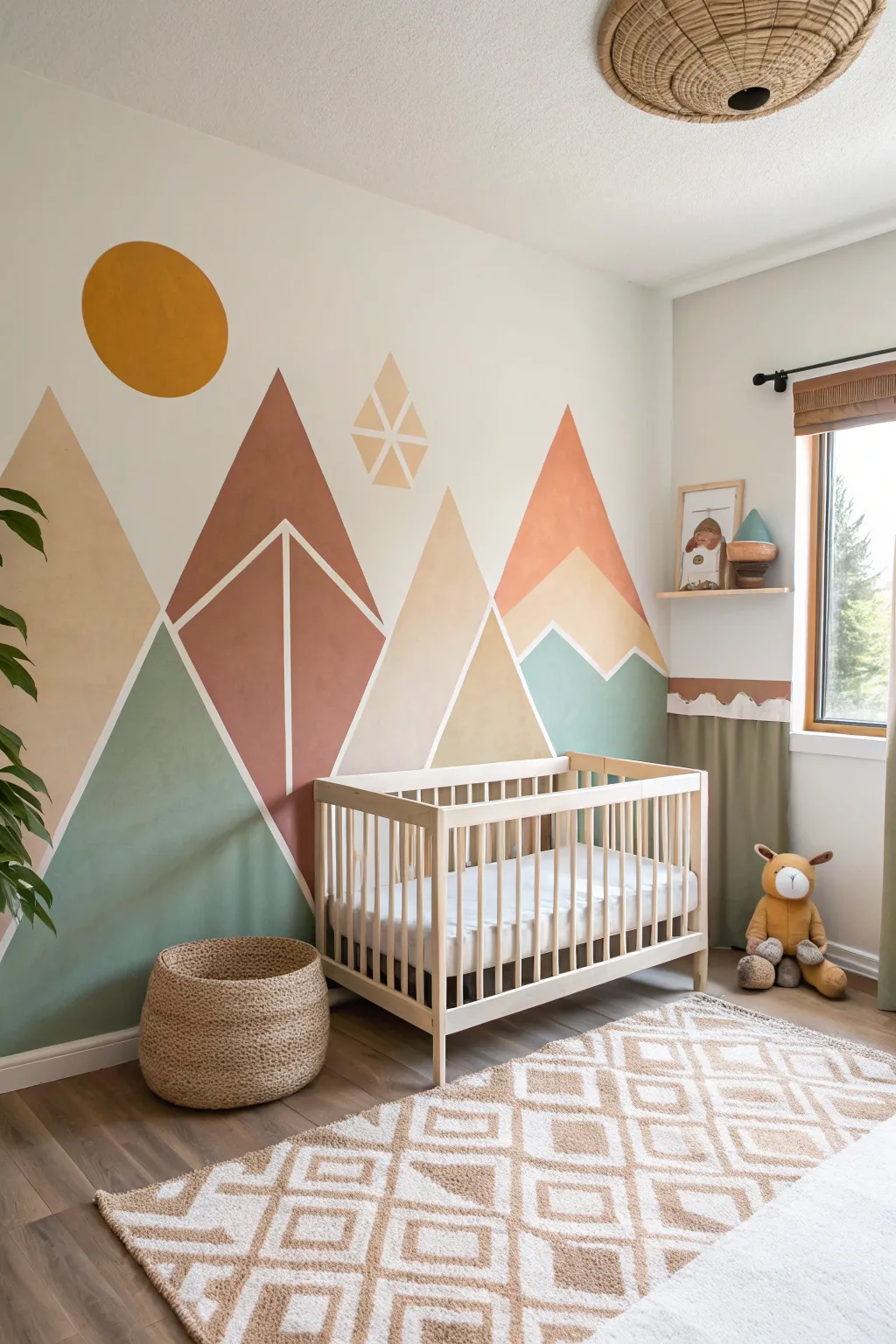 Modern geometric mountain mural in matte color blocks for a calm Scandinavian nursery wall.