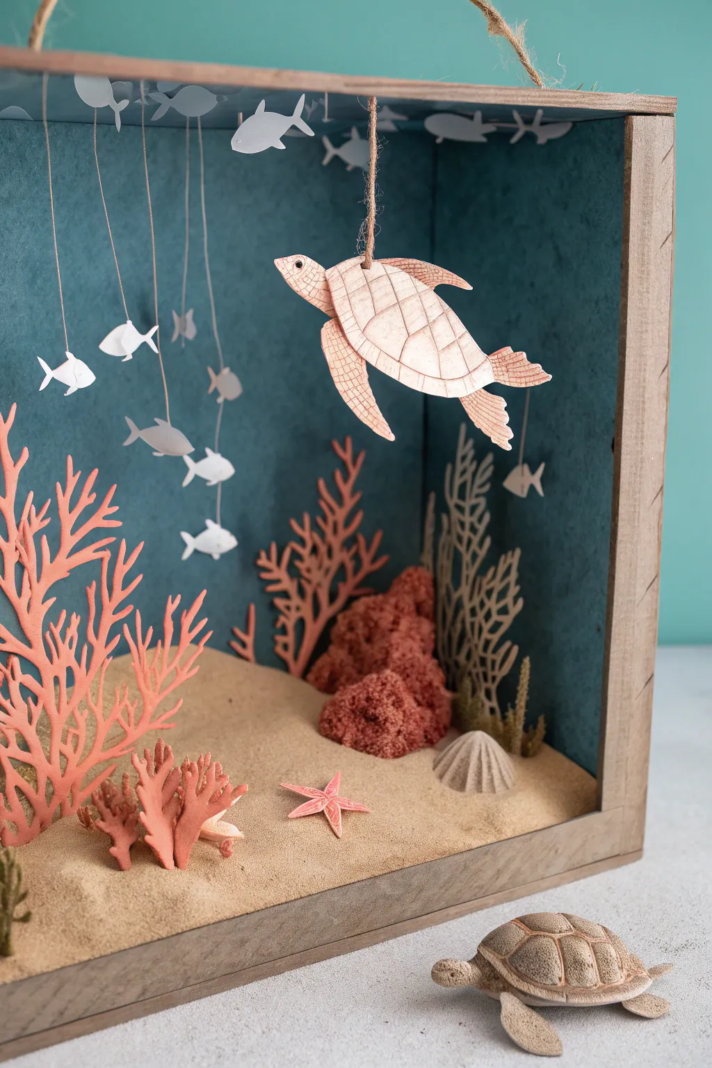 Build a shoebox ocean diorama with sandy depth, coral shapes, and a centerpiece sea turtle
