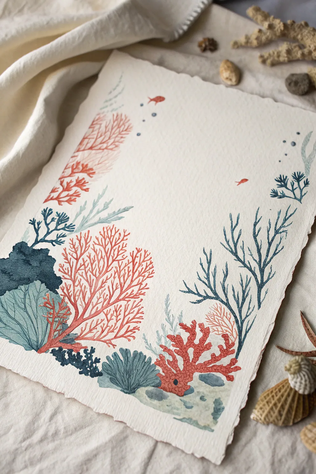 Layered coral reef sketch with tiny fish and sea fans, a calming ocean drawing idea with depth.