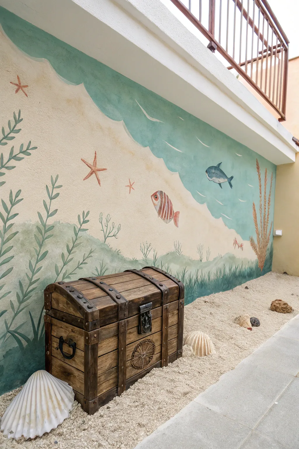 Sunken treasure mural vignette with a chest in focus, soft sand texture, and curious fish