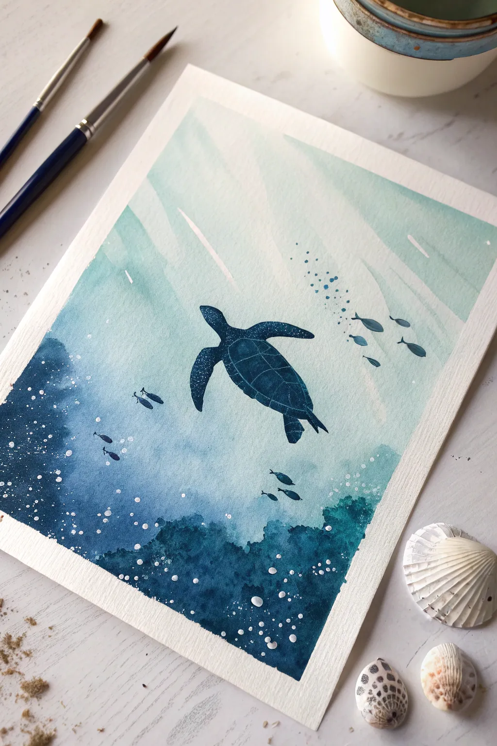 Minimalist ocean watercolor with crisp sea turtle silhouette drifting through dreamy blue gradient