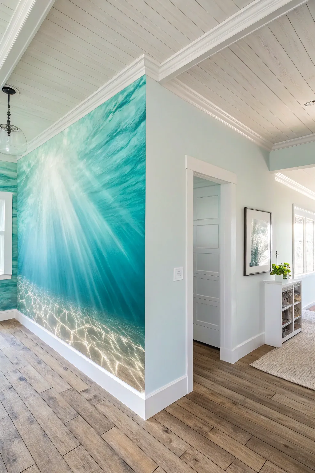 Underwater ceiling ripples with luminous ocean rays for a serene, modern wall-to-ceiling mural
