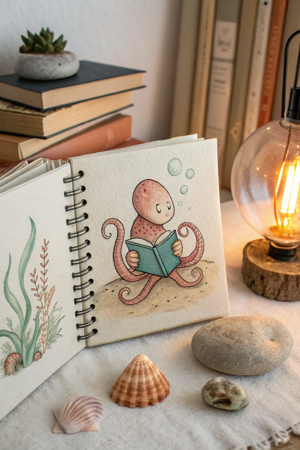 Cozy octopus reader in an undersea nook, minimalist boho feel with warm, calming contrast