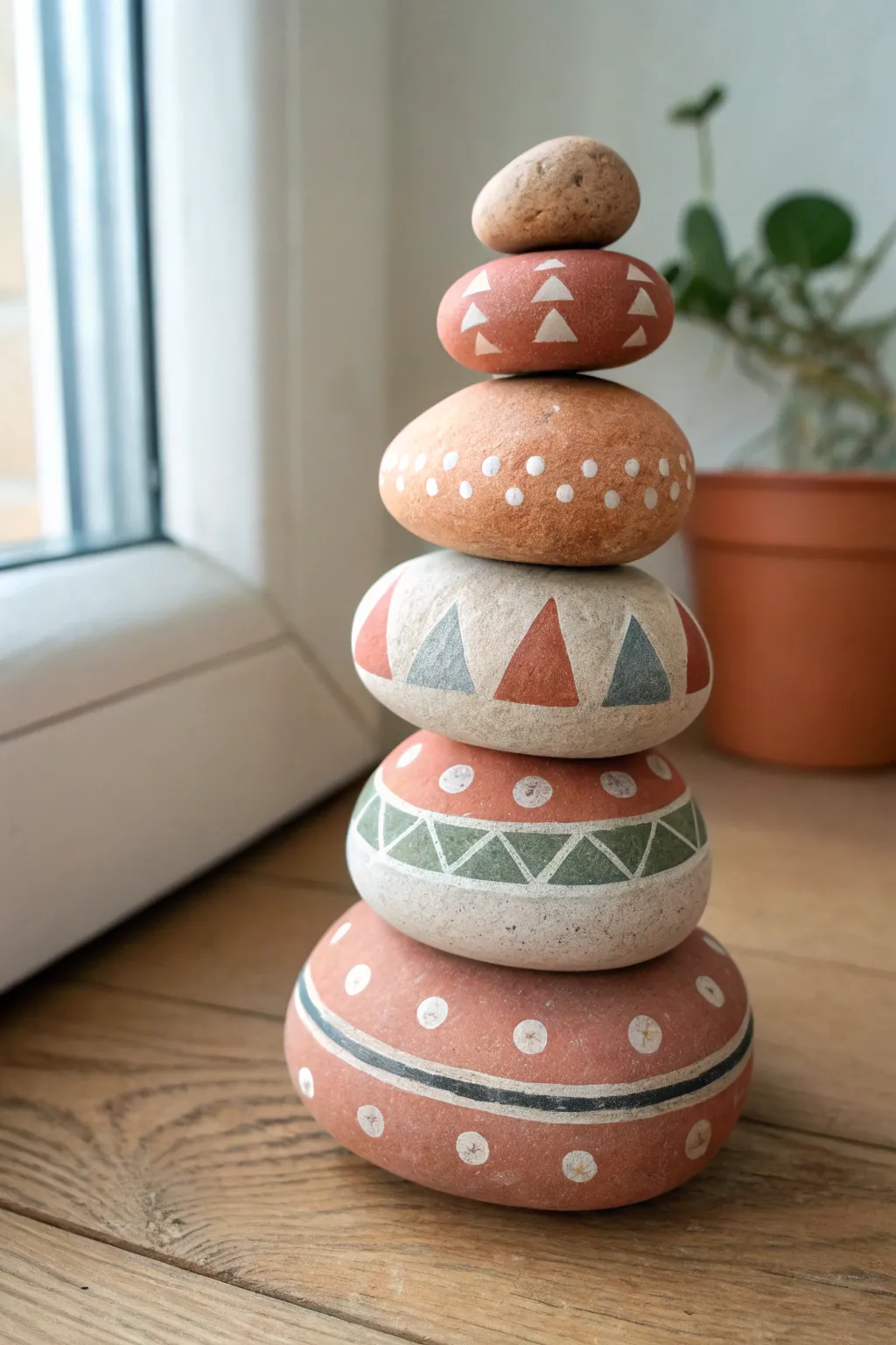 Stack odd rocks into a calm totem and align stripes, dots, and triangles in soft earthy tones
