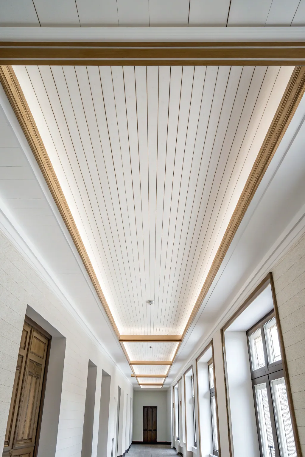 Subtle ceiling stripes add height and length while keeping the office calm, bright, and minimal.