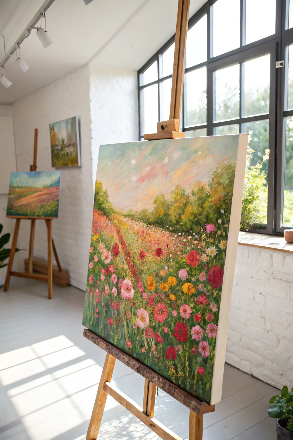 Sunlit oil garden in lively color dabs, vibrant blooms against a calm Scandinavian minimal backdrop