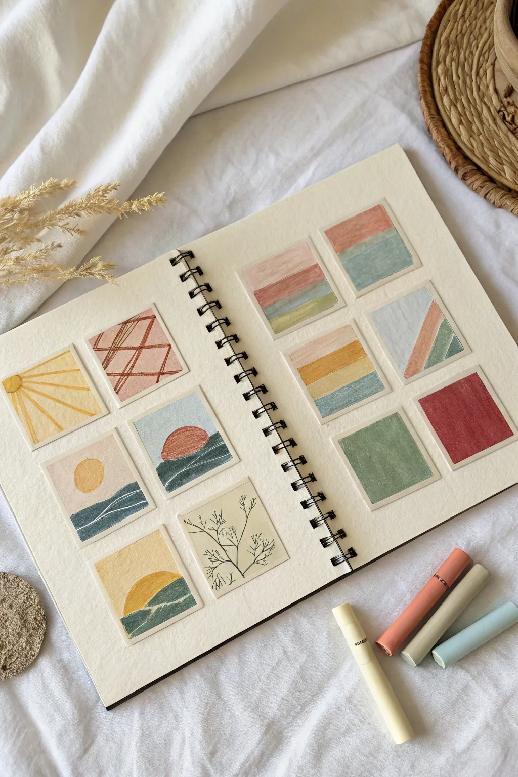 Limited-palette oil pastel mini panels with matching sticks for a calm color study session