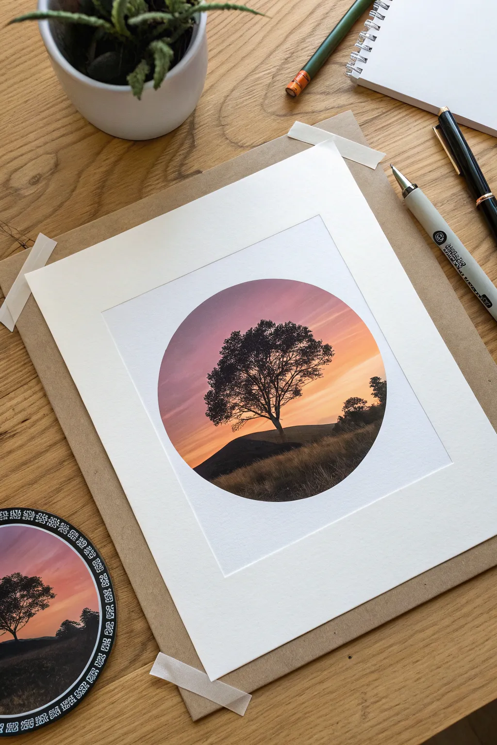 Circle-masked oil pastel sunset with a crisp tape-peel edge reveal, minimalist and satisfying