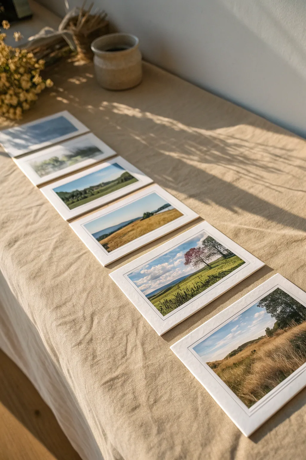 Mini instant-photo oil pastel landscapes lined up like keepsakes in soft Scandinavian tones.