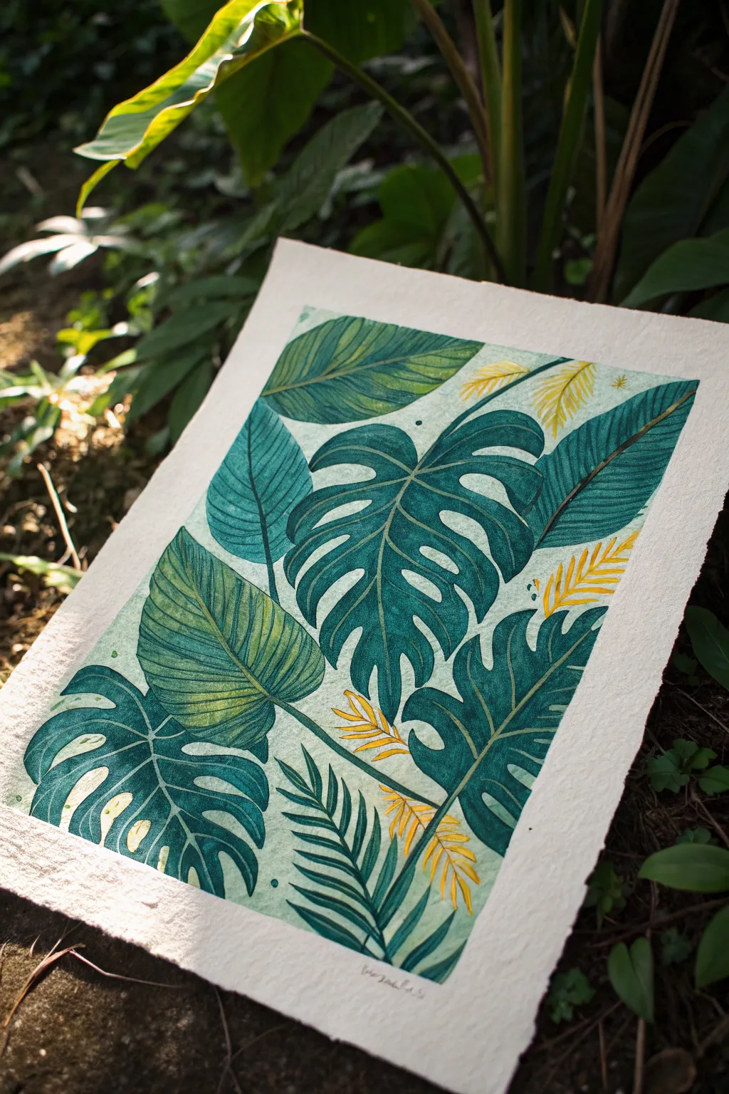Deep green tropical leaf layers in oil pastels, lush texture with teal and sunlit highlights.