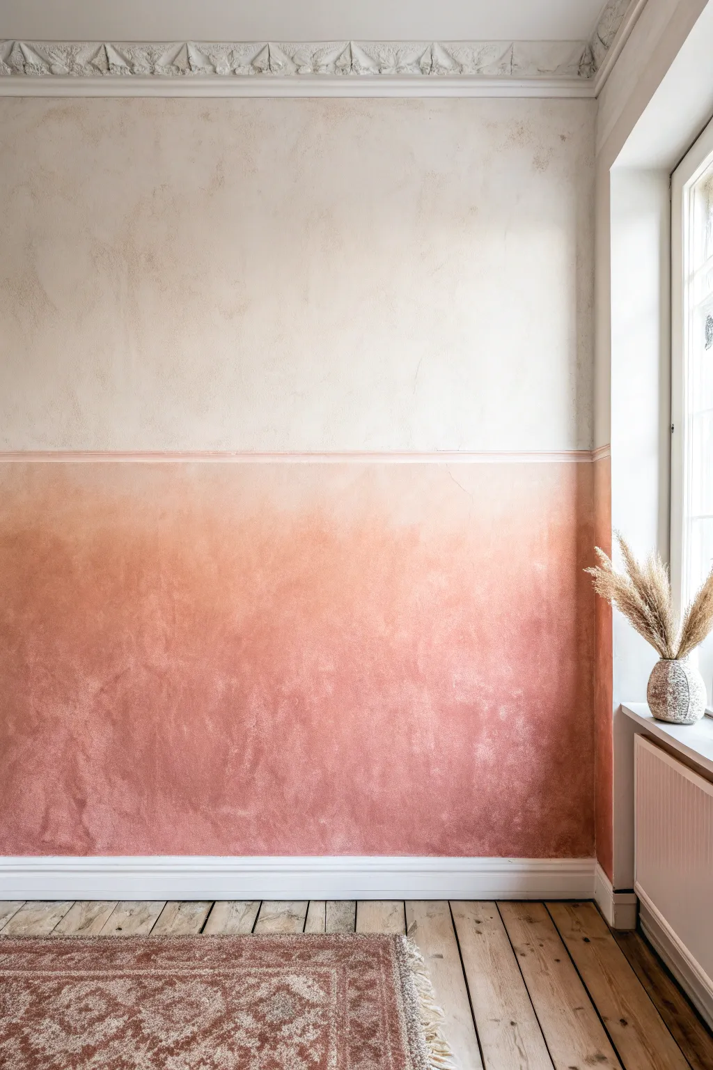 Soft blush-to-sand ombre wall with subtle dry-brush texture, clean Scandinavian calm