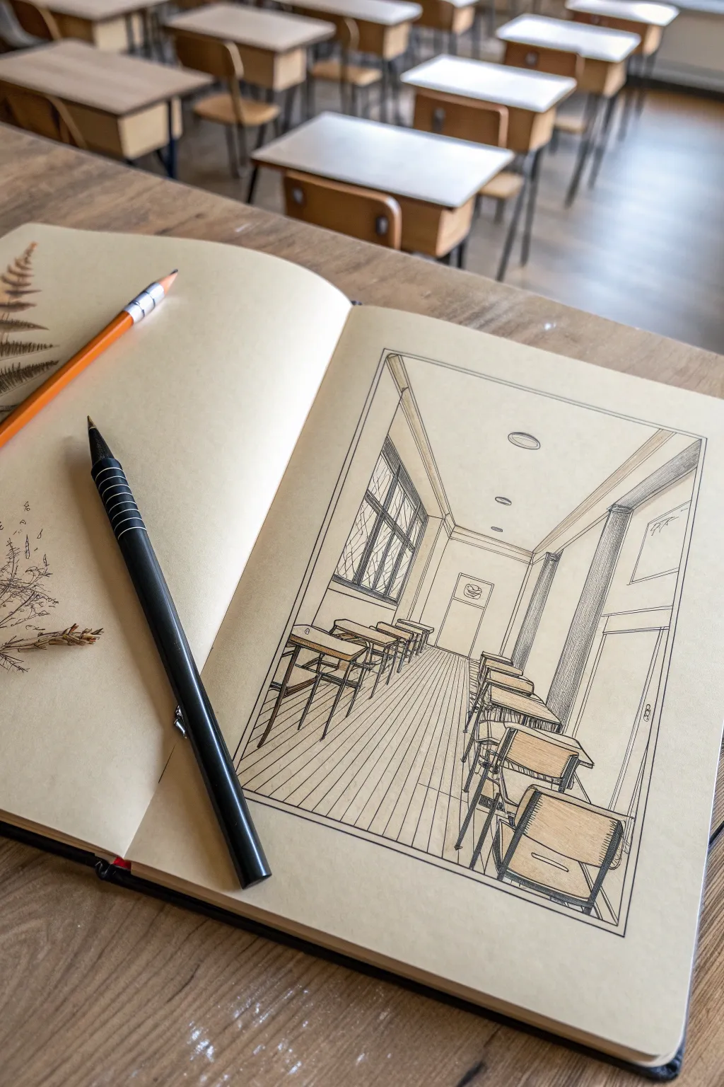 One-point perspective classroom: clean desk rows guiding the eye to a centered vanishing point.