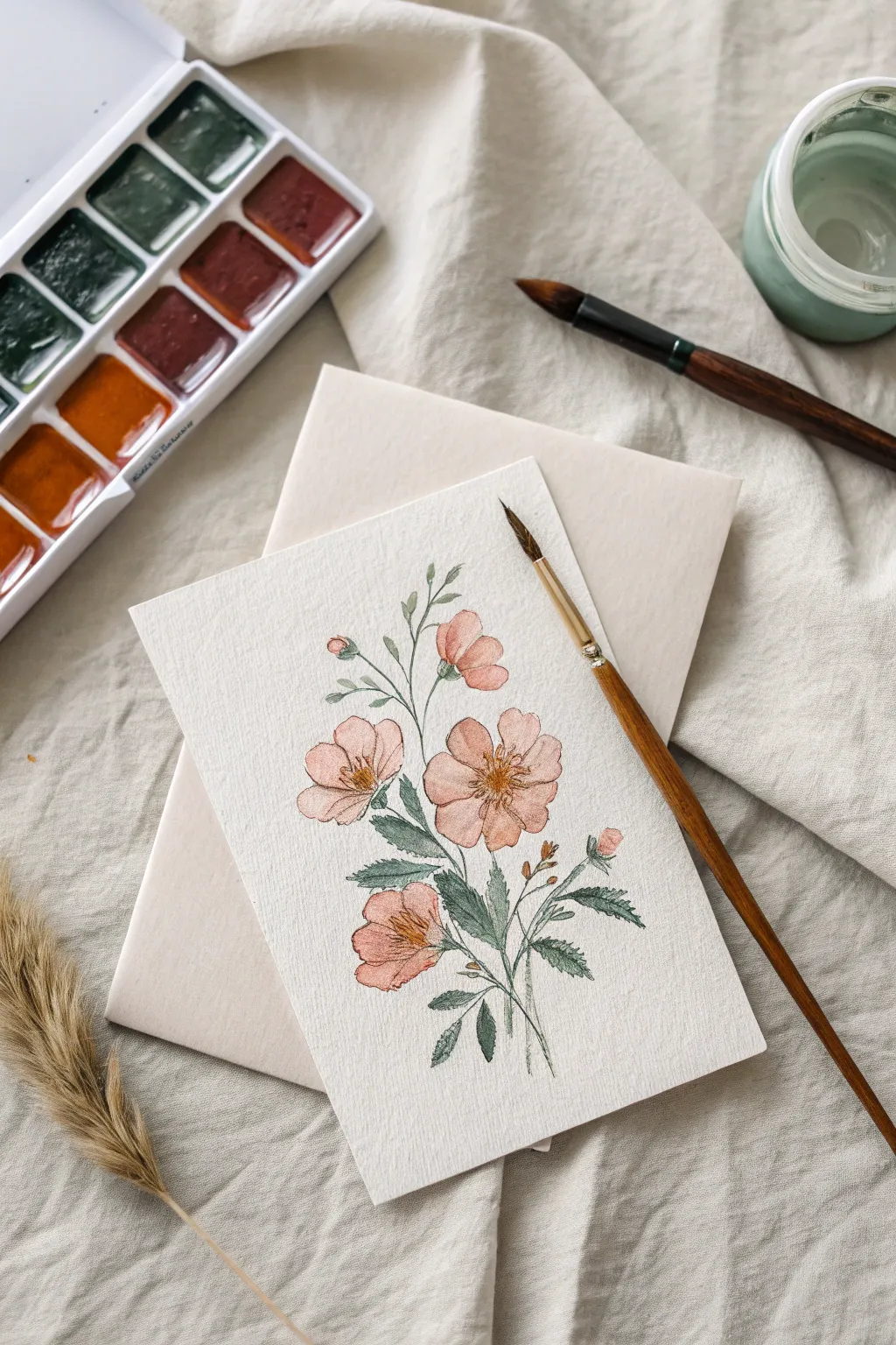 Mini greeting card with one-stroke blooms, captured mid-paint for a simple, handmade floral moment