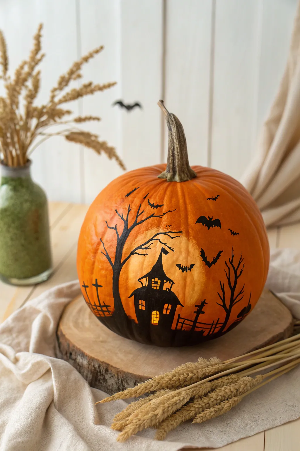 Orange pumpkin with a black silhouette scene, glowing like a cozy sunset in dusk light