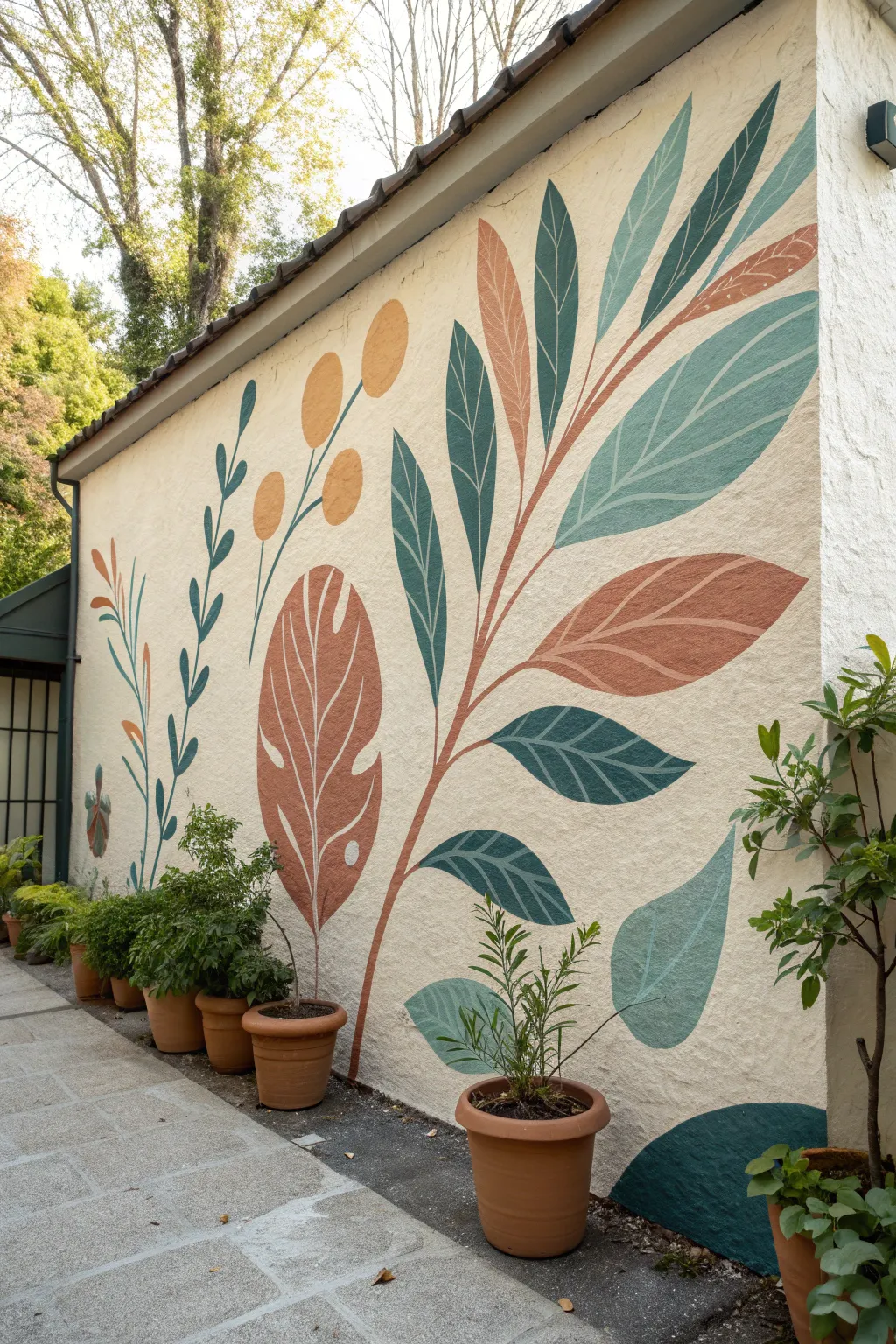 Abstract leaf mural in bold boho tones, framed by real greenery for an outdoor wall statement.