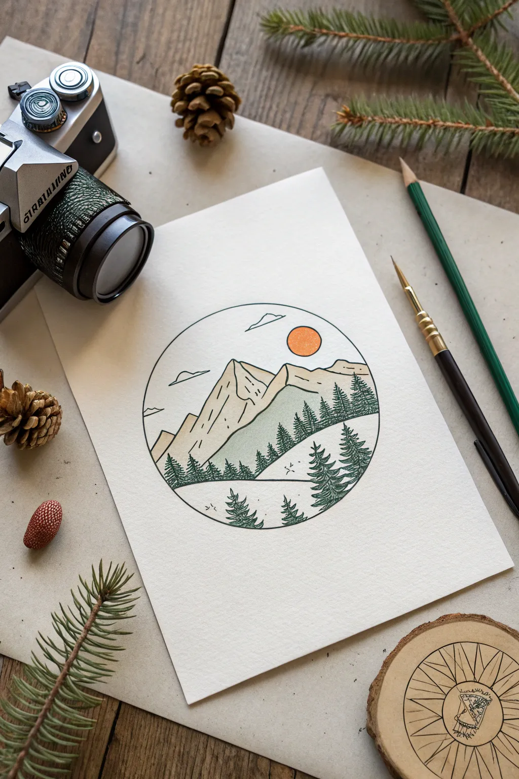 Minimal circle badge landscape drawing idea for outside sketching, simple lines and calm boho tones.