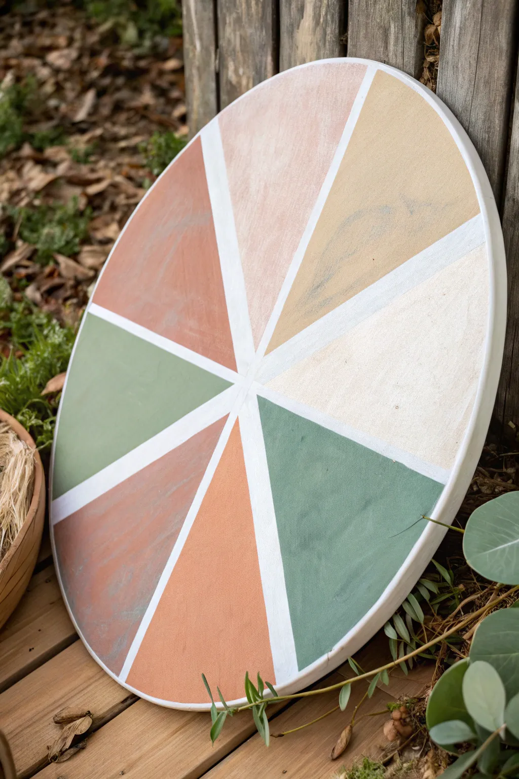 Tape mask an oval into curved sections and paint simple color fields for effortless composition.