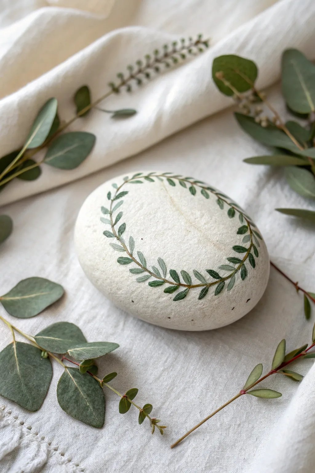 Oval rock painting with leafy garland border and calm blank center, styled with fresh greenery