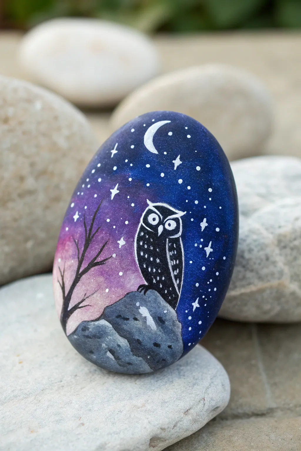Galaxy owl rock art with starry splatter sky, minimalist boho mood and dreamy contrast